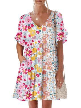 Anrabess Women's Multicolor Neck Ruffle Sleeve A Line Tiered Mini Flowy Dress